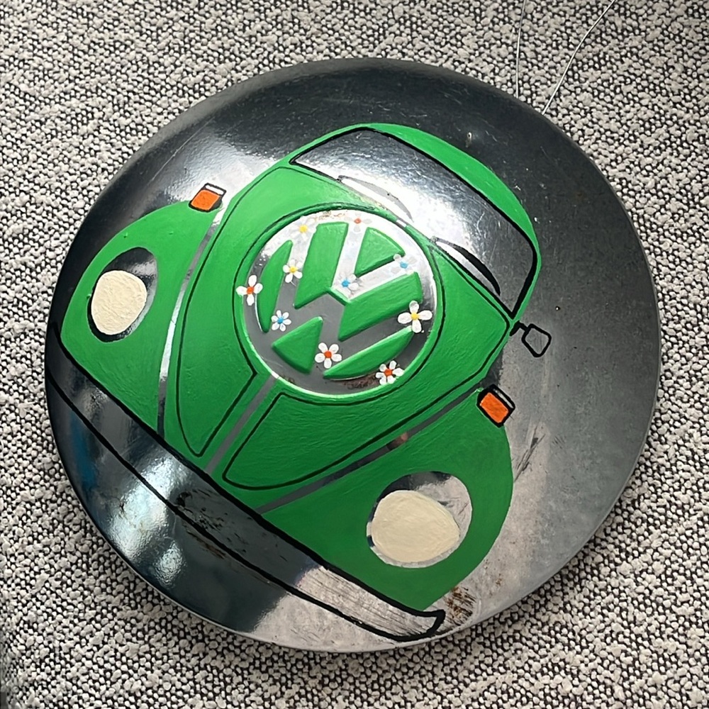Hand painted authentic VW Volkswagen bug beetle car floral hubcap wall decor